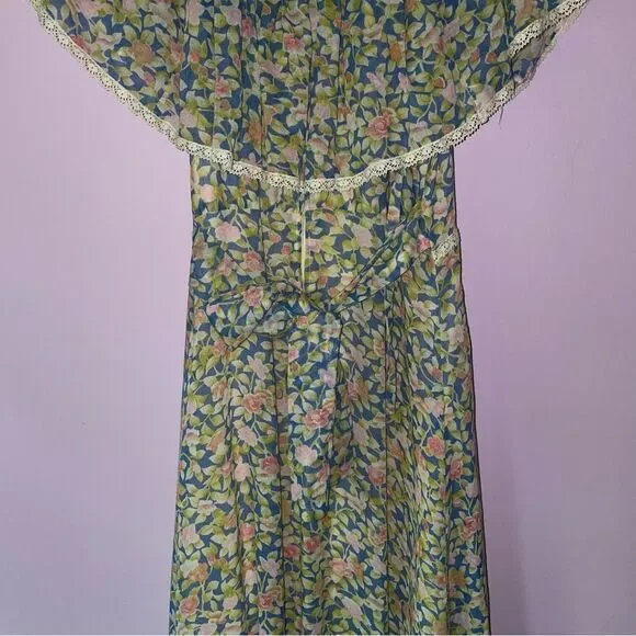 Camela of California S Maxi Dress 70s Ball Gown Blue Ditsy Floral Ruffle Boho - Picture 7 of 10